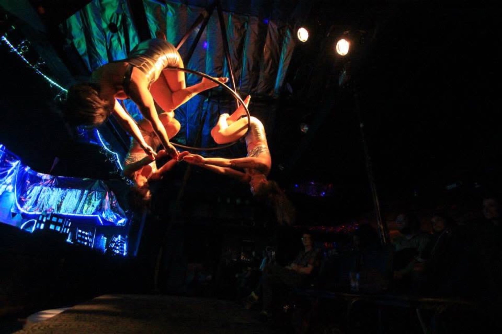 Two aerial performers share a suspended hoop during the first Robot Apocalypse in 2015