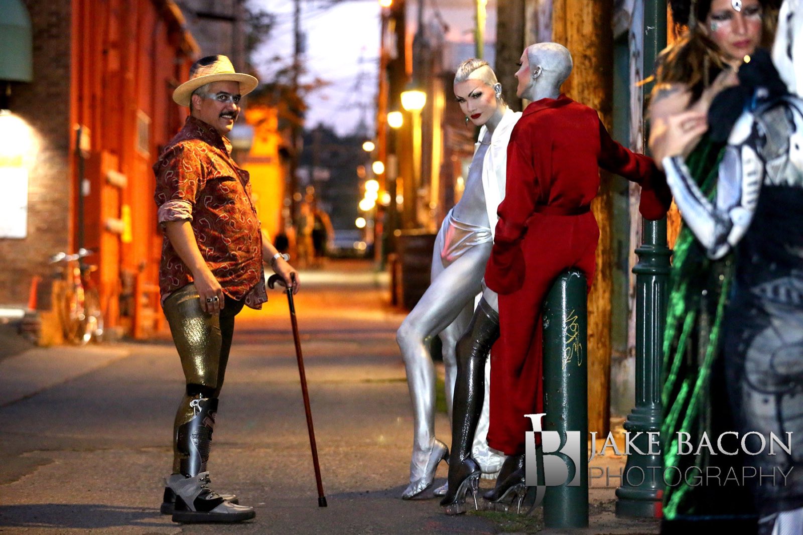 Three costumed Robot Apocalypse characters meeting outside Yucca North