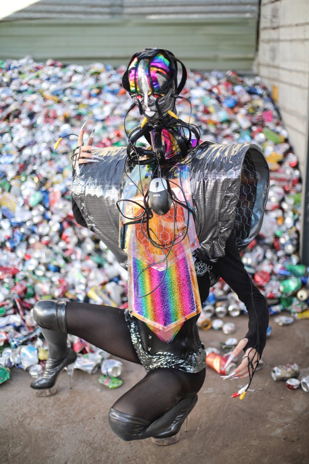 Masked figure in a reflective apron seated against recycled metal