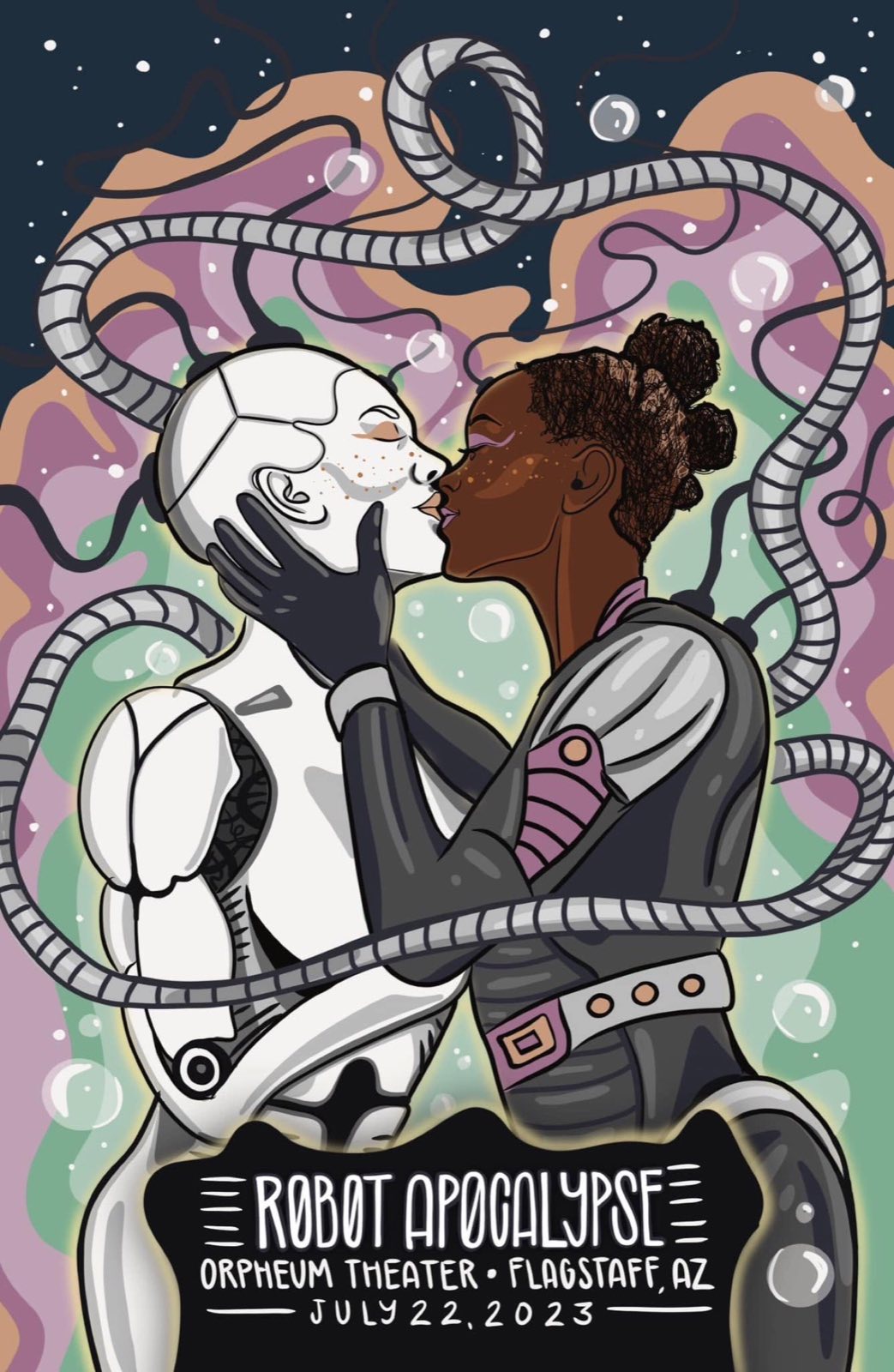 Commemorative 2023 Robot Apocalypse artwork by Kayley Quick showing two robots kissing