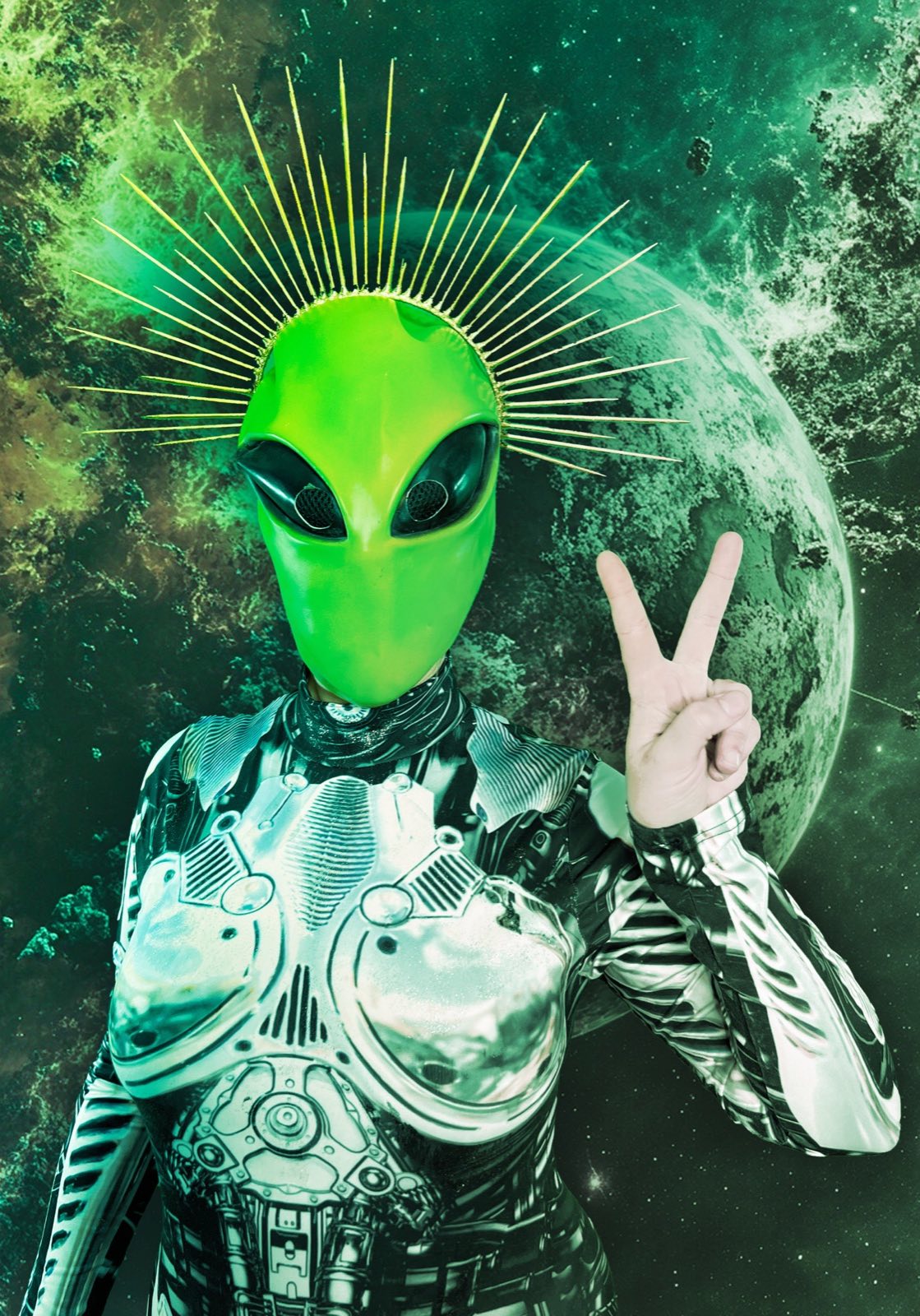 Alienbot character composited into a green robot world