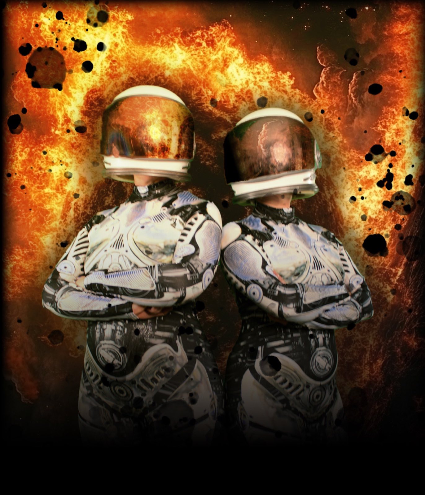 Astrobot characters composited into a fiery robot world