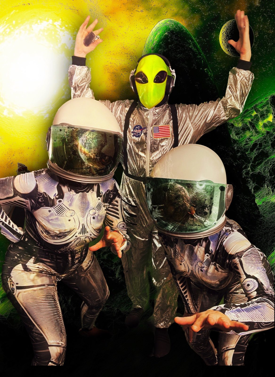 Worlds and Wastelands characters assembled in a colorful alien landscape