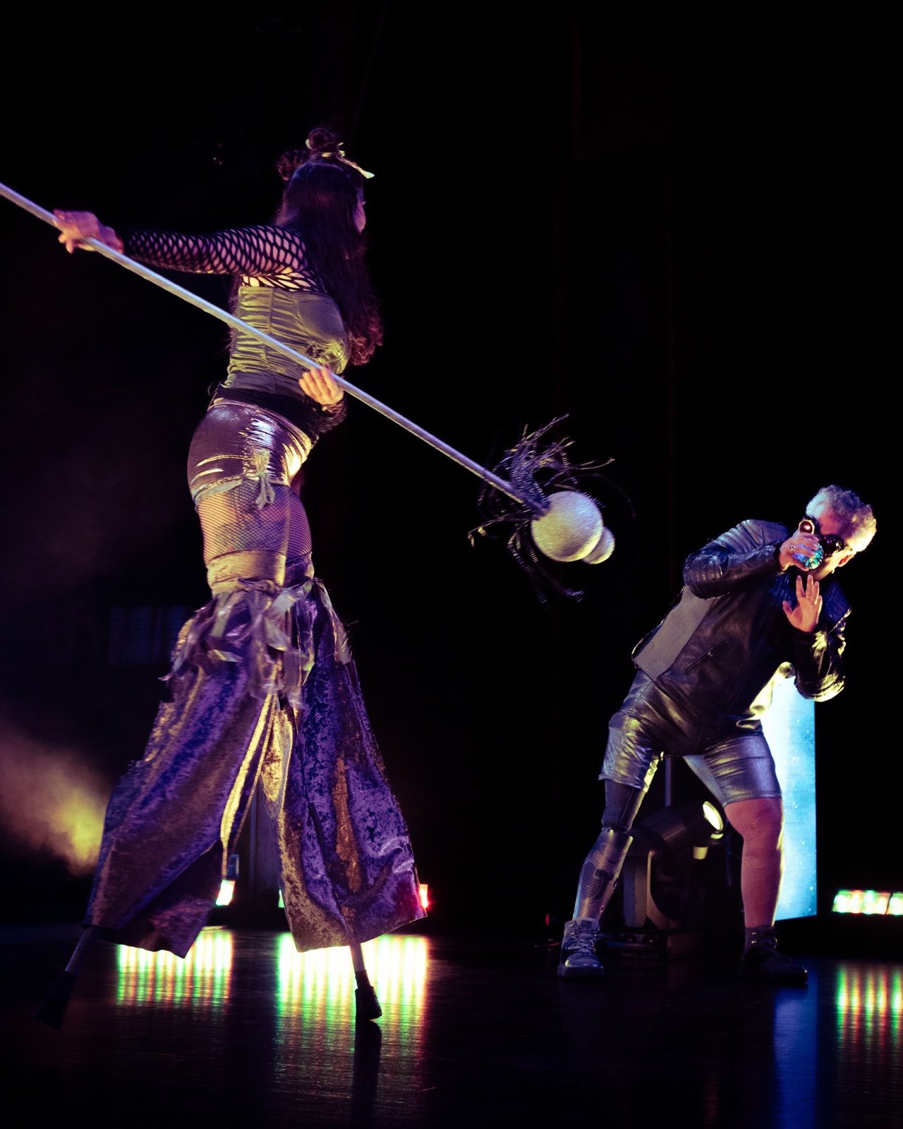 Stilt performer and robot character during Worlds and Wastelands