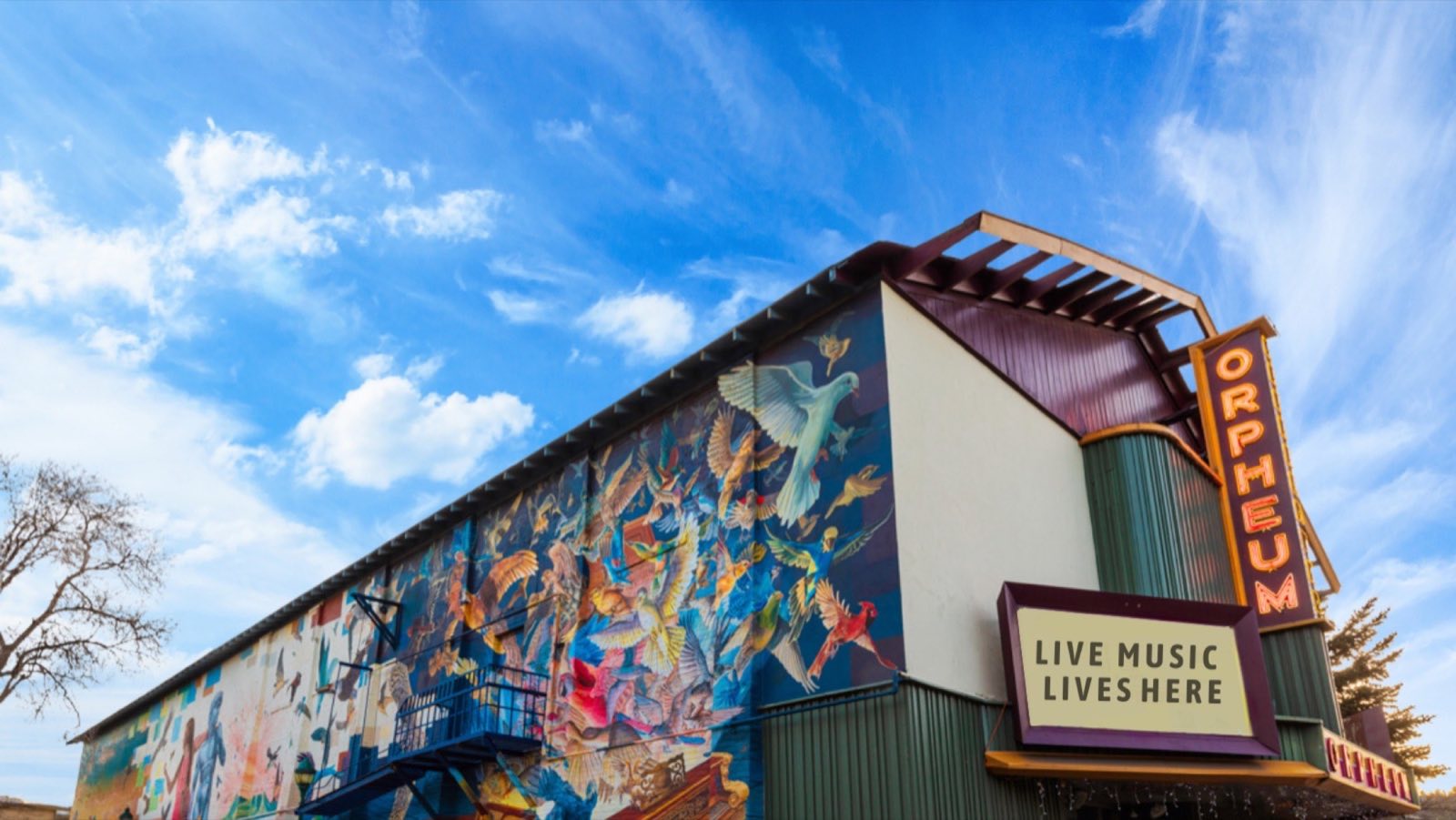 The Orpheum Theater exterior and mural in downtown Flagstaff